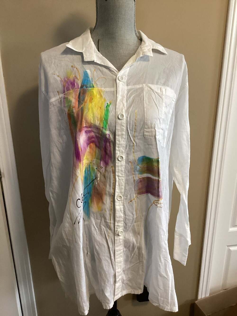 Cleopatra's Collection Hand Painted Button Down Shirt Large White Cotton